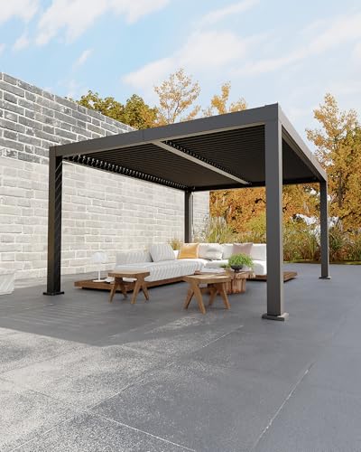 12' x 16' Louvered Pergola, Outdoor Pergola with Adjustable Louvered Roof, Reinforced Aluminum Frame, Integrated Drainage System, for Patio, Deck, Grey image 20