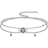 Dorunmo 925 Sterling Silver Evil Eye Bracelet Anklet, Layered Double Chain Protection Jewelry, Blue Eye Good Luck Amulet, Valentine's Day Beach Vacation Gift for Her