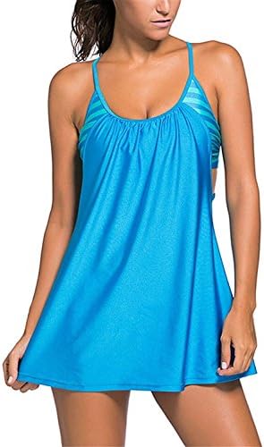 Marie Loc Fashionable Women One Piece Sling Stripes Bikini Swimdress Swimsuit Dress Swimwear BlueMedium