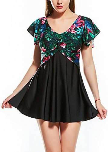 Uhnice Womens One Piece Swimdress Skirted Swimsuit Floral Swimwear with Boyshort