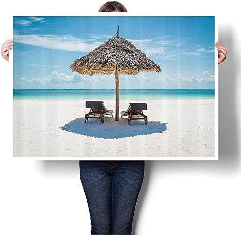 SCOCICI1588 3D Hand Painting Wooden Sun Loungers CING The Indian Ocean Under Thatched Umbrella in Zanzibar Art Modern Abstract Wall Art for Living Room,32" W x 20" L(Frameless)