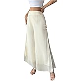 MakeMeChic Women's Elegant Wide Leg Pants High Waist Double Layered Buckle Split Flowy Trousers