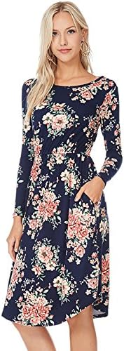 Modest Shop LA MSLA1459 Long Sleeve Floral Midi Dress with Pockets FL11- Navy L