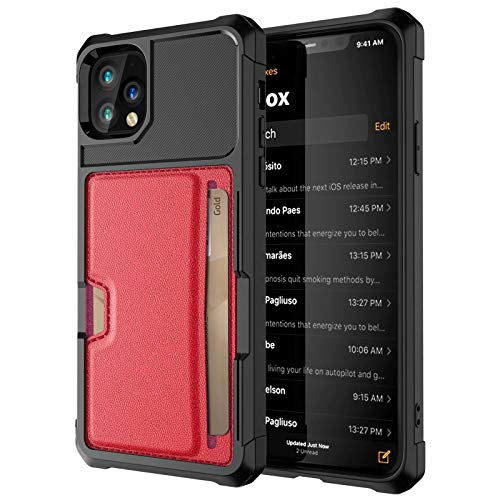 iPhone 11 Pro 2019 5.8 Case, Ranyi Carbon Fiber Wallet Case with Credit Card Holder Slot Shock Absorbing Resilient TPU Rubber Defender Protective Case for Apple 2019 5.8 Inch iPhone 11 Pro (red)