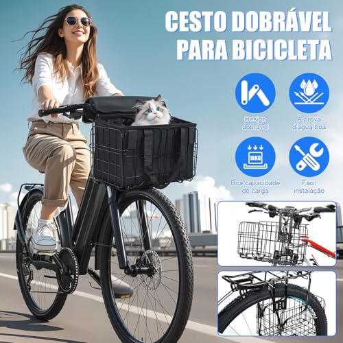 Cesta de Bicicleta Frontal Dobrável, Estrutura de Ferro, Tecido Oxford, Preta, Compatível com Bicicletas Adultas