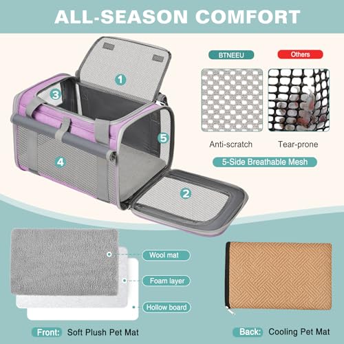 BTNEEU Foldable Cat Carrier Carrier Small Dog Carrier Airline Approved Breathable Carrier Bag with Inner Strap, Washable Soft Cushion and Adjustable Shoulder Strap (Purple)