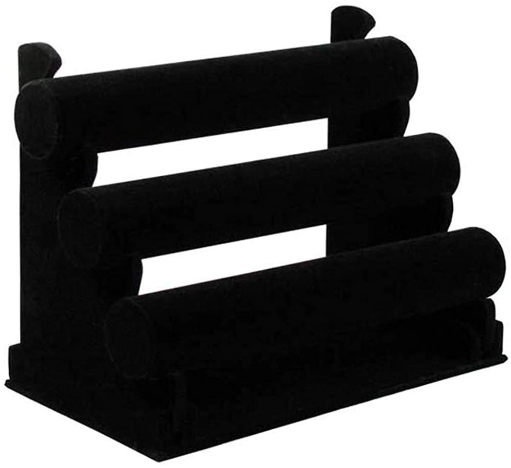 POFET 3-Bar Velvet Bracelet Holder for Watch, Necklace, Jewelry Display Rack and Tangle Free Organizer Stand Black