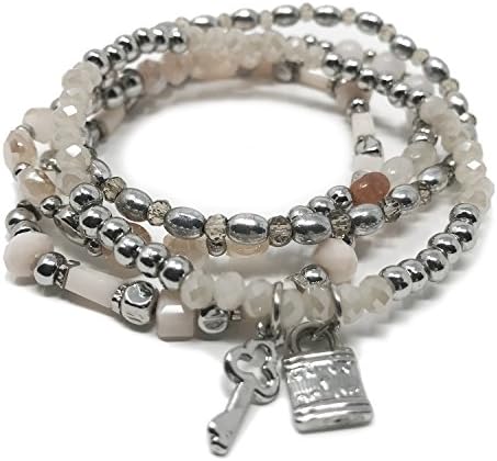 JADE POP - Women's Multicolored Beaded Stretch Stackable Chain Bracelet Set with Charm (White Key)