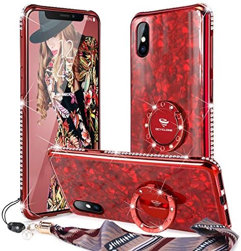 OCYCLONE iPhone XS Max Case, Cute Glitter Tempered Glass Back + Bling Diamond Rhinestone Bumper with Ring Kickstand for iPhone XS Max Protective Phone Case for Women Girls - Red