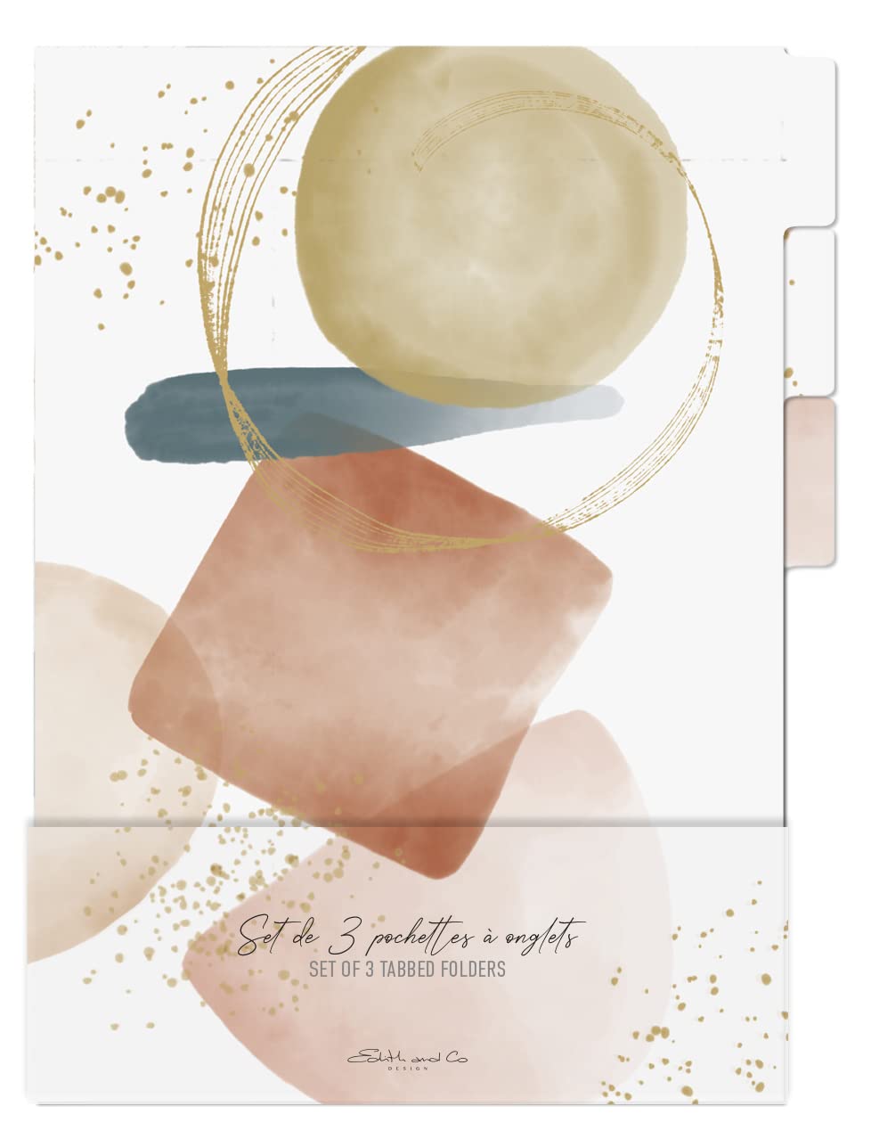 Clairefontaine 115979C - One Set of 3 Tabbed Pockets Geometric/Mountain Pattern in Powder Pink, Beige, Ochre and Blue 22x31cm - Evanescence Collection