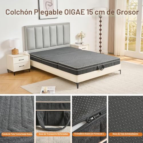 OIGAE Folding Mattress 120 x 195 x 15 cm, Three-Part Memory Foam Folding Mat with Three Layer Foam, for Home, Travel and Camping, Washable Cover, Handles, Non-Slip Base