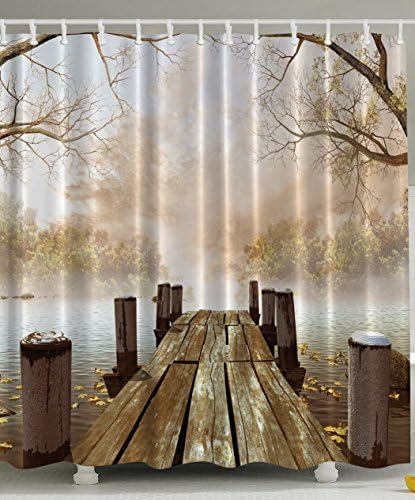 Shower Curtain for Bathroom Decor from Comroll Ocean &amp; Wooden Bridge Fall Season in Harbor Natural Country Rustic Houses &amp; Apartments Decoration Waterproof Shower Curtains with 12 Hooks- 71x 71inches