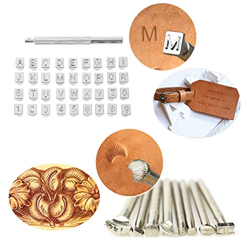 119PCS Leather Tools SIMPZIA Leather Craft Stamping Tools with 36PCS Letter Number Stamps Punch Set, 41PCS Leather Working Saddle Making Tools, Tracing Paper, Adjustable Swivel Knife for Leather Craft