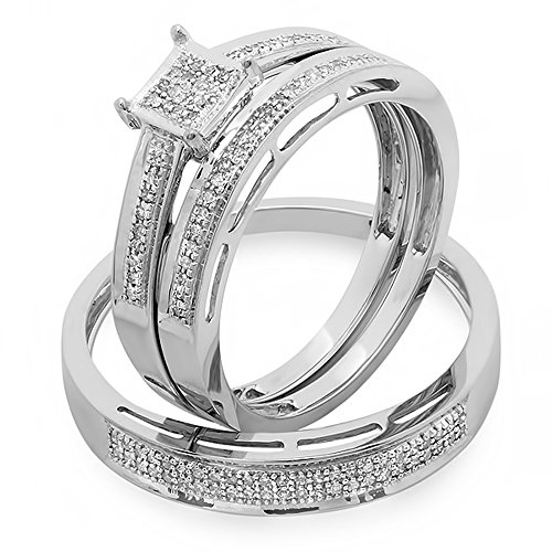 Dazzlingrock Collection 0.18 Carat (ctw) 10K Round Diamond Ladies & Mens Bridal Engagement Ring Trio Set Band, White Gold