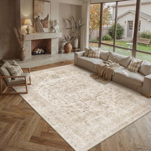 PureCozy Vintage Alfombra Salon 200x300cm Beige Habitacion Alfombras Lavable Antideslizante Dormitorio Grande Tapete Sala Comedor Oficina Interior Pelo Corto Rug Carpet