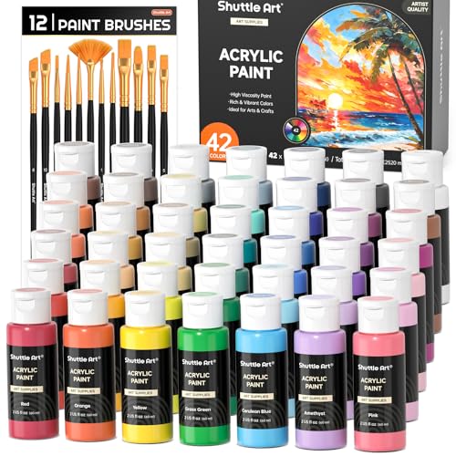 Shuttle Art Acrylfarben Set, 42 Acryl Farben in Flaschen (je 60ml) mit 12 Pinselset & 1 Palette, ungiftige Acrylfarbe wasserfest für Künstler, Anfänger, Erwachs