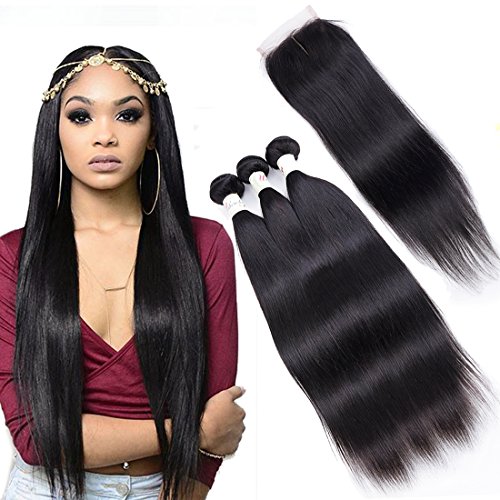 8A Remy Brazilian Straight Hair 3 Bundles With Middle Part Closure (16 18 20+14) 100% Unprocessed Brazilian Virgin Straight Human Hair Weft Extensions With Lace Closure Brazilian Hair Bundles