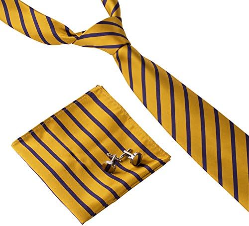Mens 3pc Handmade Polyester Silk Necktie Set Pocket Square/Handkerchief &amp; Cufflink by GradeCode(Gold Blue Stripe)