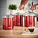 VonShef Set of 3 Tea, Coffee and Sugar Canisters/Kitchen Storage Jars with Glass Lids, Red Stainless Steel, 1.3QT