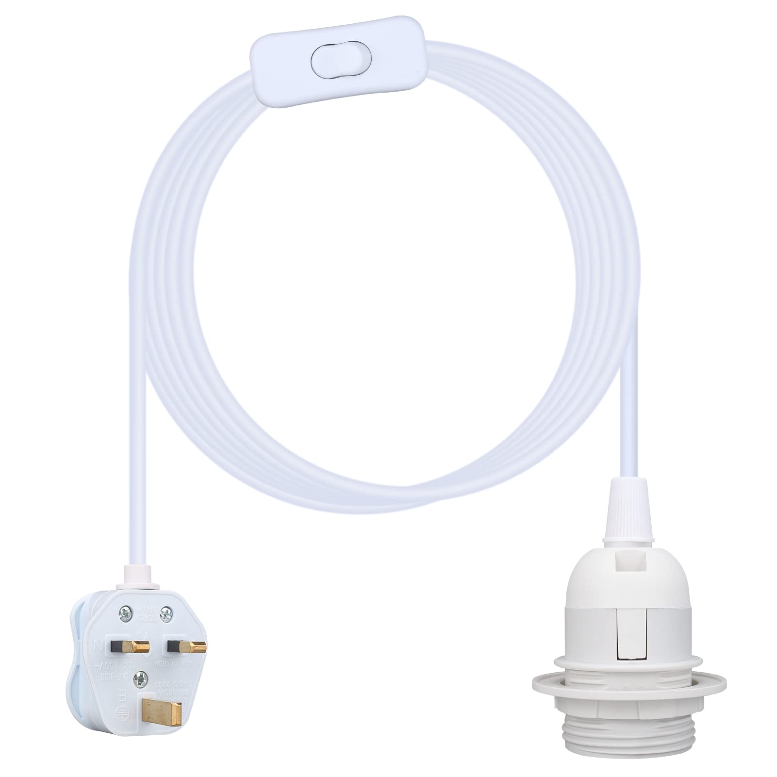 Teynewer Ceiling Pendant Light Fitting, E27 Screw Lamp Holder with Switch Suspended & Lock Ring for Shade, 2 Core Extension Cable UK Plug Pendant Light Fitting Kit (3m, White)
