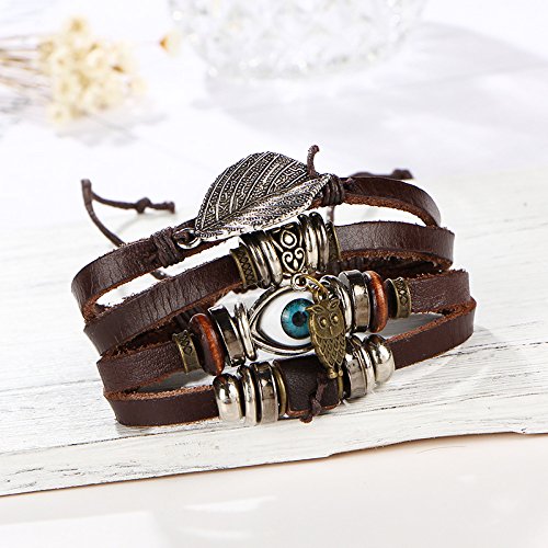 Aoruisier Mens Mixed Bracelets Adjustable Handmade Multi Strand Braided Owl Bracelets Woven Leather Wristbands