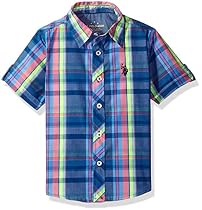 U.S. Polo Assn. Little Boys' Cotton Plaid Short Sleeve Woven Sport Shirt, Pigment Blue, 2T