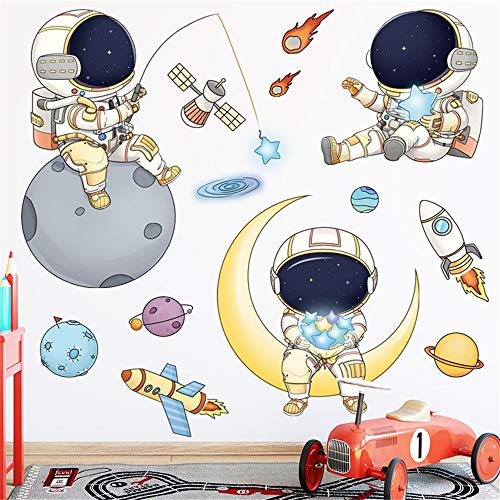 Astronaut Space Travel Wall Decals Removable Wall Stickers Mural for Kids Bedroom Playroom Boys Girls Baby Nursery Rooms Art Wall Decor