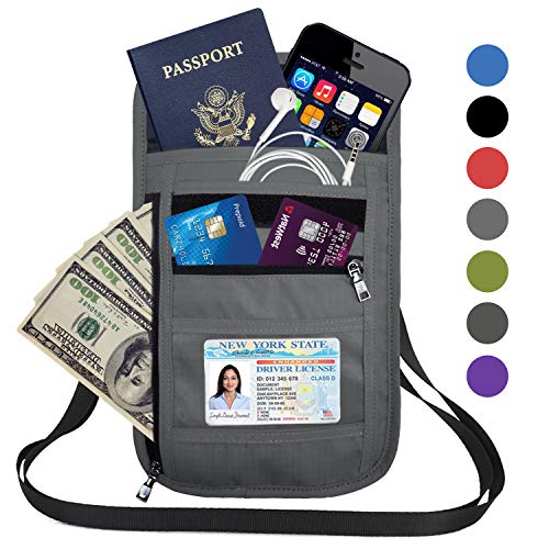 RFID Blocking Travel Wallet Neck Pouch, Theft Protection Passport Holder for Men & Women, Grey