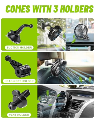 AuraCam 12V Car Fan, Mini Portable USB Fan for Passenger, 360 Degree Rotation, Car Seat Fan with 3 Strong Wind Speeds for SUV/RV/Truck/Saloon