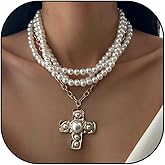 Chunky Cross Necklace for Women Hammered Bold Cross Pearl Layered Necklace Baroque Pearl Costume Jewelry