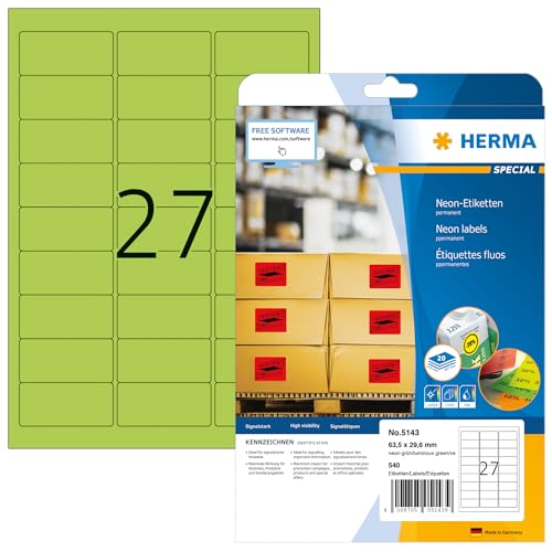 HERMA Self Adhesive Coloured Labels, 27 Labels per A4 Sheet, 20 Sheets, 63.5 x 29.6 mm, 540 Labels, Blank Colour Labels Stickers, Sticky Labels for Laser & Inkjet Printer, Neon Green