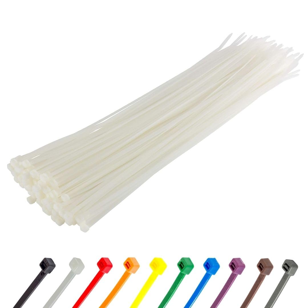 Gocableties White Cable Ties, 300mm x 3.6mm, Pack of 100, 12" Premium Nylon Zip Ties Clear/Natural, Multi-Purpose Plastic Tie Wraps, Secure Self-Locking Mechanism, for Home, Garden, Office and DIY