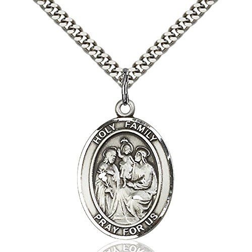 Sterling Silver Holy Family Pendant 1 x 3/4 inches with Heavy Curb Chain