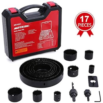 Hole Saw Set, Meterk 17 Pcs Hole Saw Kit with 13Pcs Saw Blades, 2 Mandrels, 1 Installation Plate, 1 Hex Key, Max Size 6