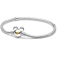 HappyStar 925 Sterling Silver Snake Chain Bracelet Fully compatible with Pandora charms, With Mickey Mouse head Clasp Charm Bracelets Gifts for Teen Women