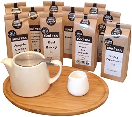 White Forlife 18oz Stump Loose Leaf Teapot with Bamboo Tray, Creamer & Suki Tea (80g Red Berry)