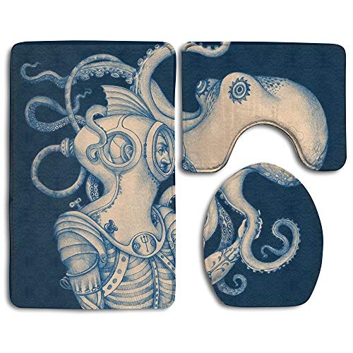 CoolToiletLidCoverCC Octopus Ocean Animal Bath Mat Set,3 Piece Bathroom Mats Set Non-Slip Bathroom Rugs/Contour Mat/Toilet Cover