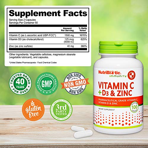 NutriBiotic Vitamin C + Vitamin D3 & Zinc, 100 Capsules Potent