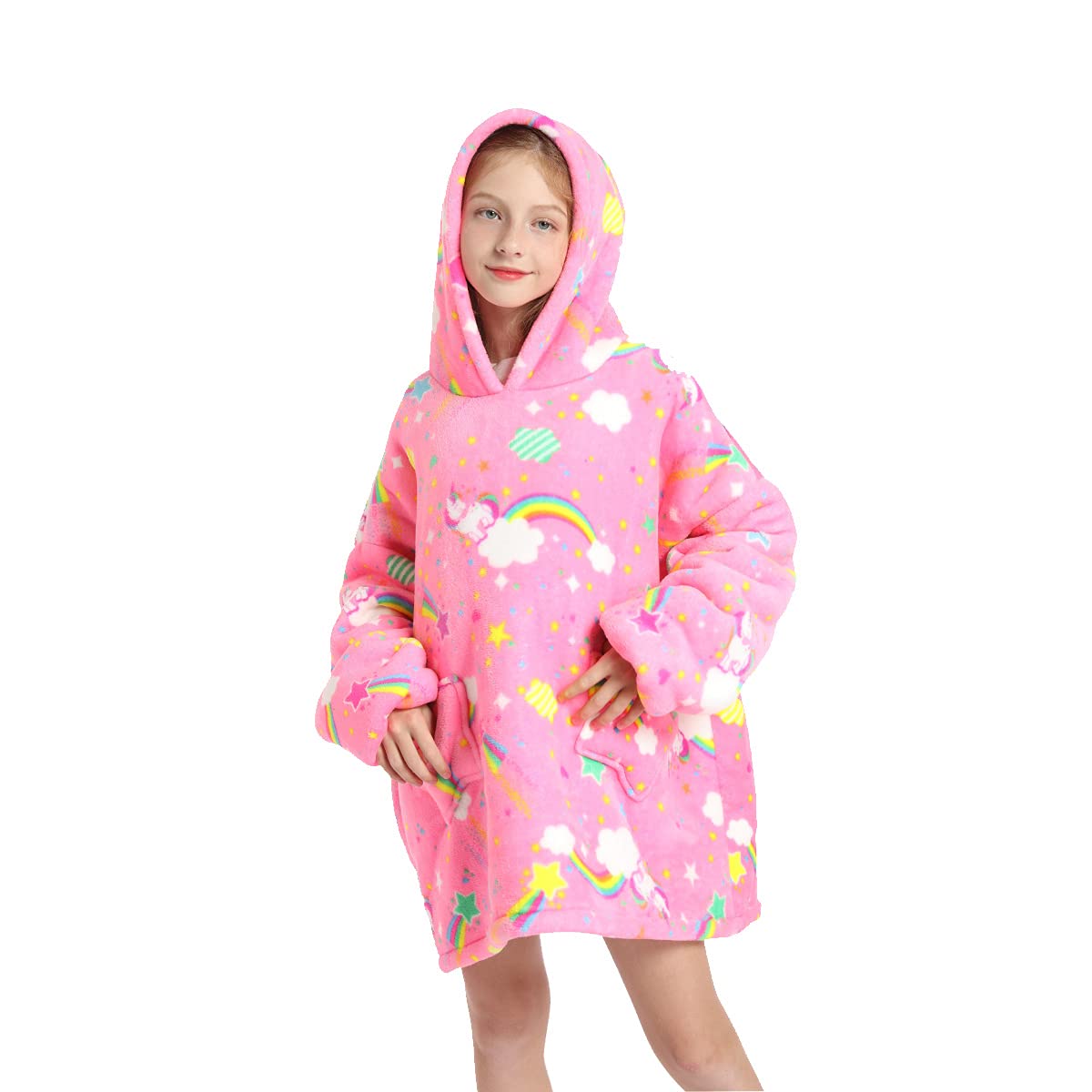 MZSYLK Oversized Hoodie Blanket Kids Lazy TV Blanket Soft Plush Sherpa Warm Wearable Blanket with Pocket Bright Color Gifts For Girls Boy 7-12 years