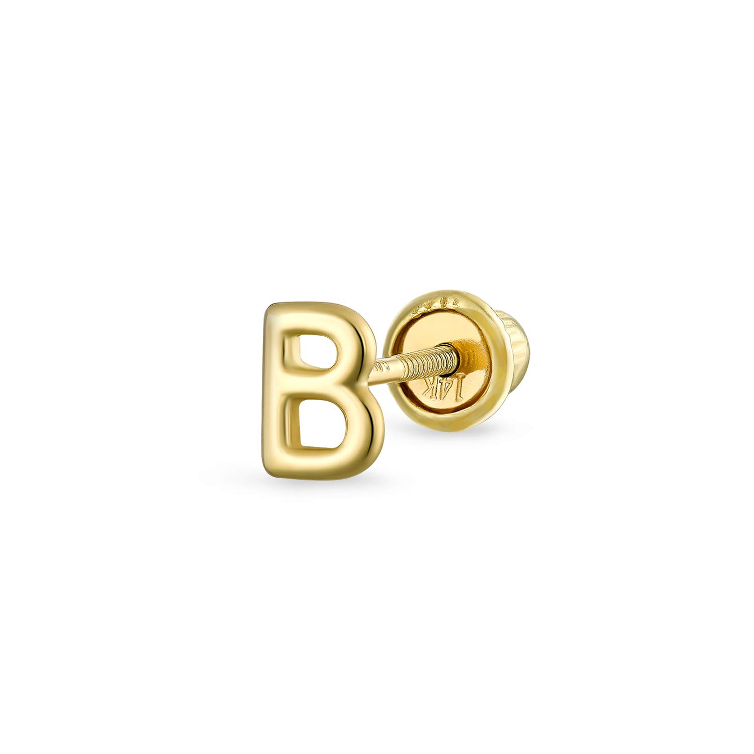 ABC Minimalist Real Yellow 14K Gold Capital Block Alphabet Letter B Cartilage Ear Lobe Piercing 1 Piece Stud Earring Screw Back For Teen Women Men