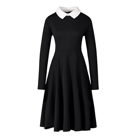 Enfei Frauen Langarm Casual Peter Pan Kragen Fit Flare Baumwolle Schwarz Plissee Midi Halloween Kleid für Frauen
