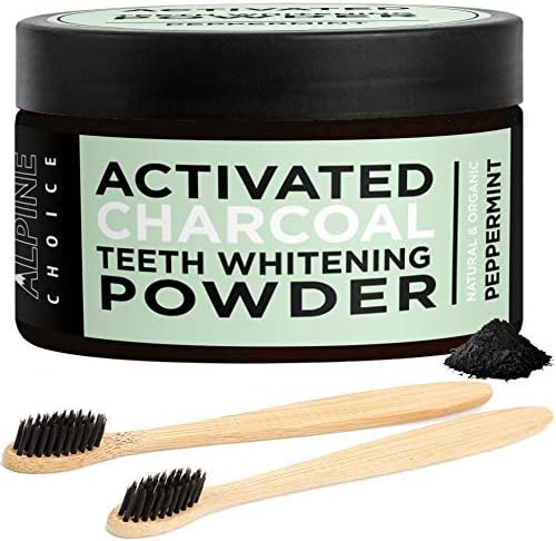 Activated Charcoal Teeth Whitening Powder + 2 Bamboo Toothbrushes | Natural & Organic Food Grade Coconut, Peppermint | Alpine Choice