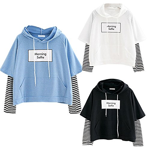 Fankle Patchwork Hoodie Pullover for Women Teen Girls, Simple Comfy  Sweatshirt Long Sleeve Crop Tops Morning S
