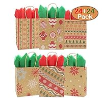 Kiddokids 24 Christmas Kraft Gift Bags + 24 Tissue Papers (Green & Red); Xmas Theme Party Favors Goody Bags.