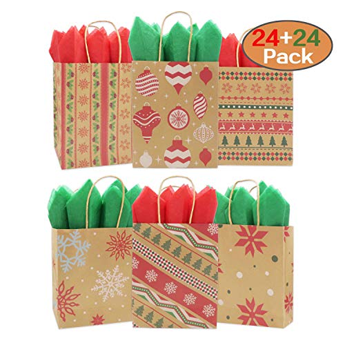 Kiddokids 24 Christmas Kraft Gift Bags + 24 Tissue Papers (Green & Red); Xmas Theme Party Favors Goody Bags.