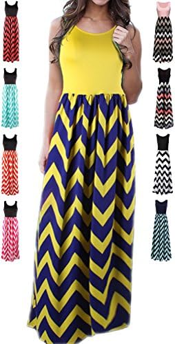 HanDanGe Women's Summer Chevron Striped Print Dress Tank Long Maxi Dresses For Women Yellow-XL