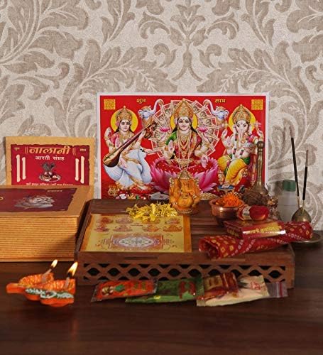 SHINE MILL Diwali Multicolour Pujan Samagri Decardo|Hindu Pooja thali Plate Dish God Indian puja Accessory Handmade Traditional