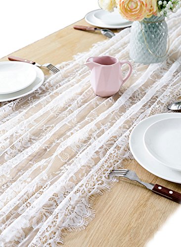 BOXAN 30x120 Inch Vintage White Lace Wedding Table Runner with Rose Floral Table Overlay for Rustic  - //medicalbooks.filipinodoctors.org