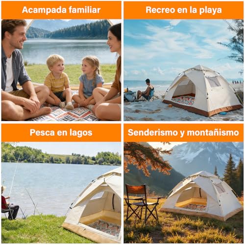 lemonsea Casa de Campaña 4 Personas, Tienda de Campaña Impermeable Ligera, Montaje Rápido Automática con 2 Puertas Ventiladas e Incluye Bolsa Transporte para Camping, Enderismo y Picnic (Blanco Roto)