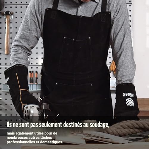 LeaSeek Welding Apron, Cowhide Leather Work Apron with 6 Pockets, Heat Resistant and Fireproof, Adjustable Straps from M to XXXL for Men and Women, Black